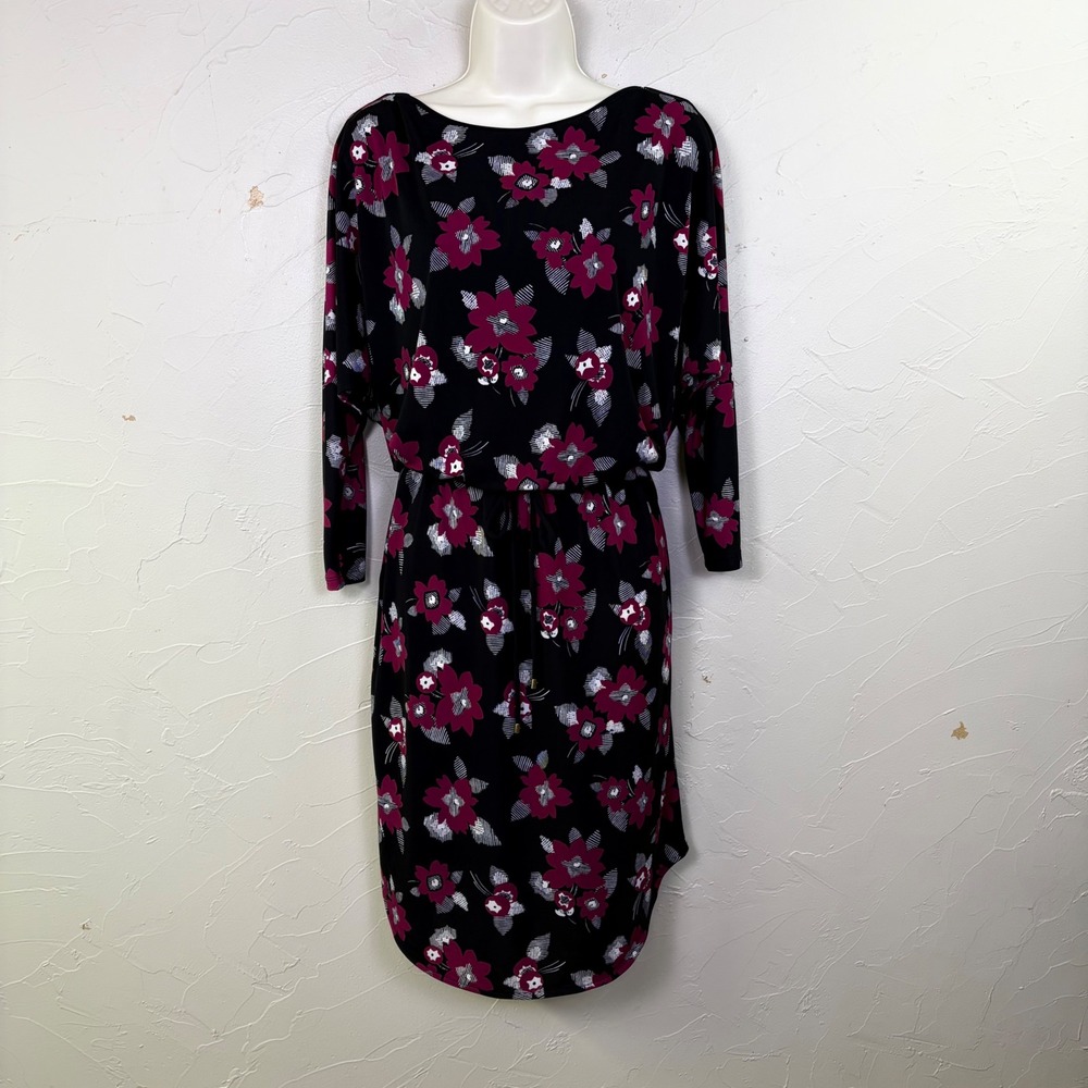 Lauren Ralph Lauren Floral Dress Womens Medium Black Pink Long Sleeve Blouson